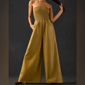 Pilcro Faux Leather Smocked Wide Leg Jumpsuit Small Khaki Strapless Tiny Flaw